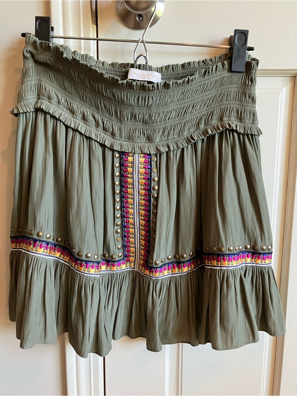 Ramy Brook Olive Mini Skirt with Multicolor Embroidered Trim Size S